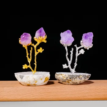 Natürlicher Kristall Handgefertigte Amethyst-Blume mit Achat-Geode-Basis, Wohndekor Ornament Handwerk