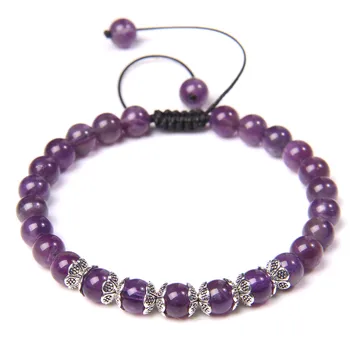 Natursteinperlen, geflochtenes Chakra-Armband, verstellbar, 6 mm, lila Amethyste, Perlenarmband für Damen