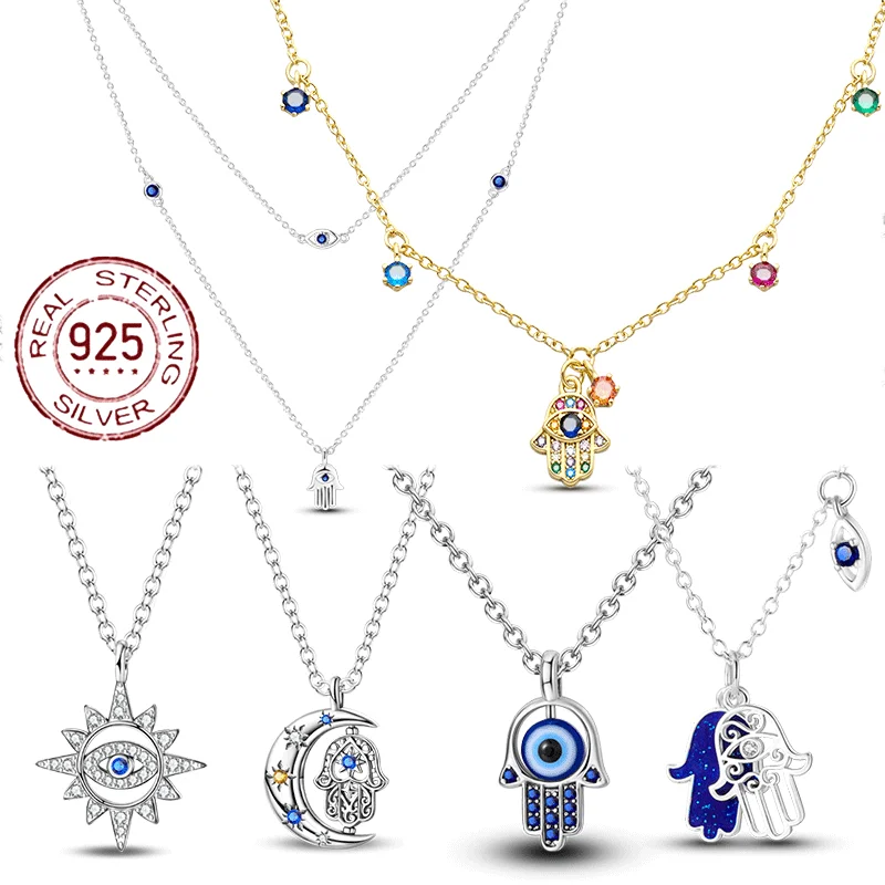 Halskette mit Anhänger aus 925er-Sterlingsilber, Hamsa-Hand der Fatima, böser Blick, blaues Auge
