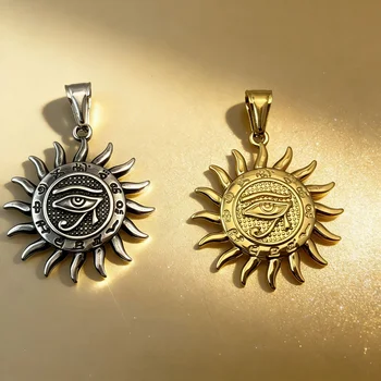 Herren-Halskette mit Ägyptischem Horusauge und Sonnenform-Anhänger aus 316L Edelstahl, vergoldet, antikes