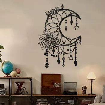 Elegante Gotische Mond- und Blumen-Wandkunst aus Metall - Modernes Handwerksschild Hängende Dekoration