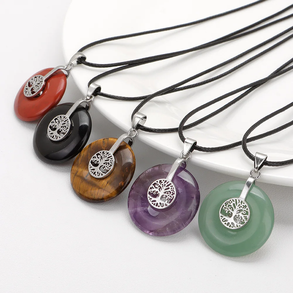 Baum des Lebens Charms Anhänger Halskette Runde Naturstein Amethyste Opal Rosenquarz Kristalle Halsketten