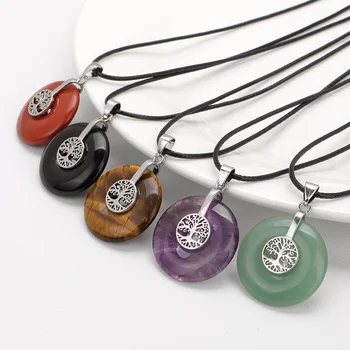 Baum des Lebens Charms Anhänger Halskette Runde Naturstein Amethyste Opal Rosenquarz Kristalle Halsketten