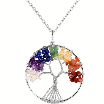 7-Chakra-Baum des Lebens, mit Draht umwickelte Gliederkette, Anhänger-Halskette, Naturstein