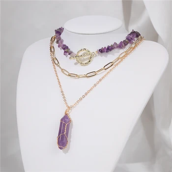 Amethyste Perlenkette mehr schicht ige sechseckige Säule Pendel Anhänger Halsreif natürlichen Reiki (3 Stück)