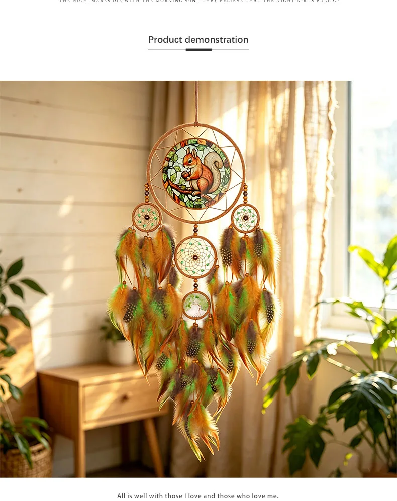 Eichhörnchen-Traumfänger Wandbehang Handgefertigter Boho-Feder-Traumfänger Herbst-Tiermuster