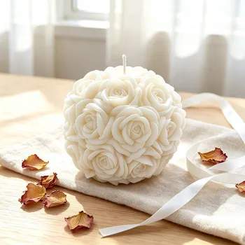 Weiße Rosenkugel-Soja-Kerze mit Duft, 5×6 cm Blumenförmige Säulenkerze, Heimdekoration, Halloween