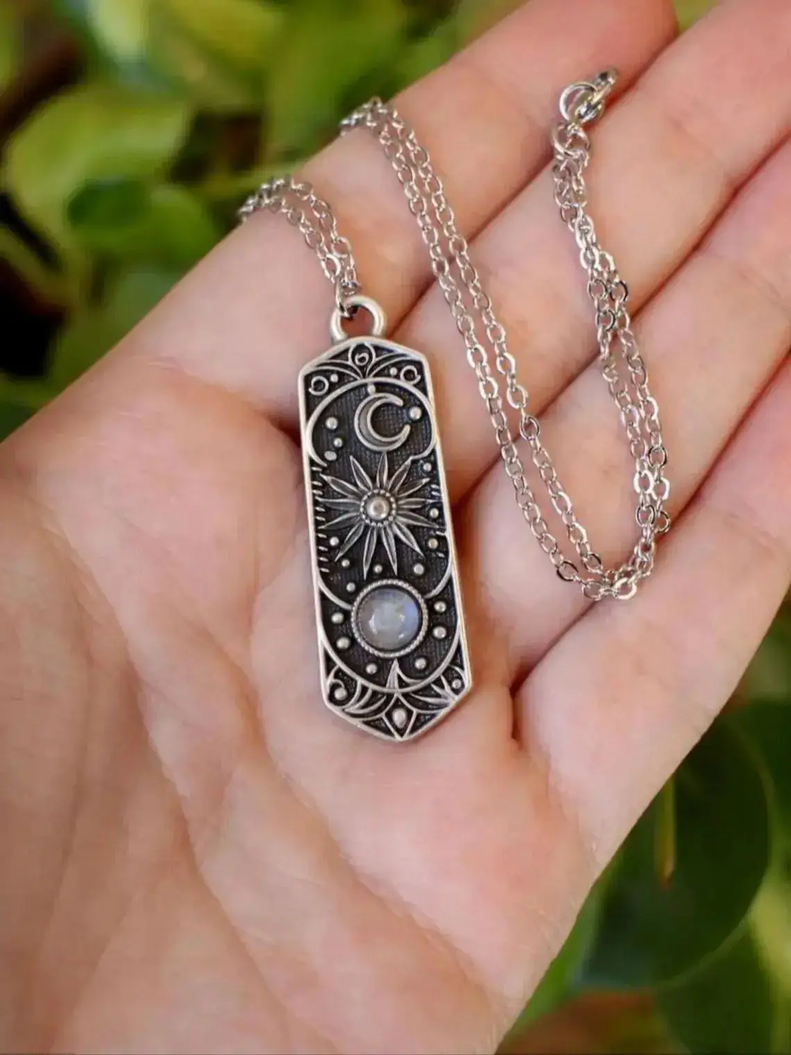 Mond- und Sonnenhalskette, Vintage-Schmuck, Mondstein, Gothic – Bild 5