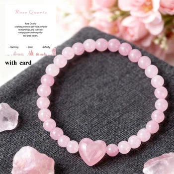 Rosenquarz-Armbänder für Frauen Liebesherz-Kristall Naturstein-Perlenarmband Valentinstag-Geschenke