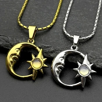 Mond Sonnengöttin Opal Stein Anhänger Halskette für Frauen Männer Edelstahl Gold Silber Farbe Kette