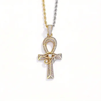 Iced Out Anhänger-Halskette mit altägyptischem Auge des Horus und Ankh-Kreuz, aus Premium-Kupfer