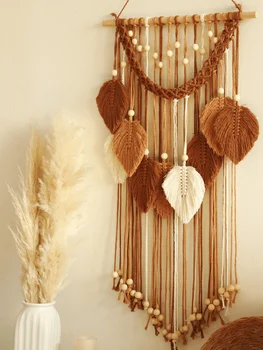 Trendiger Boho-Makramee-Wandbehang aus Bio-Baumwolle mit Blattmuster und Holzperlen, Yoga-Studio-Dekoration