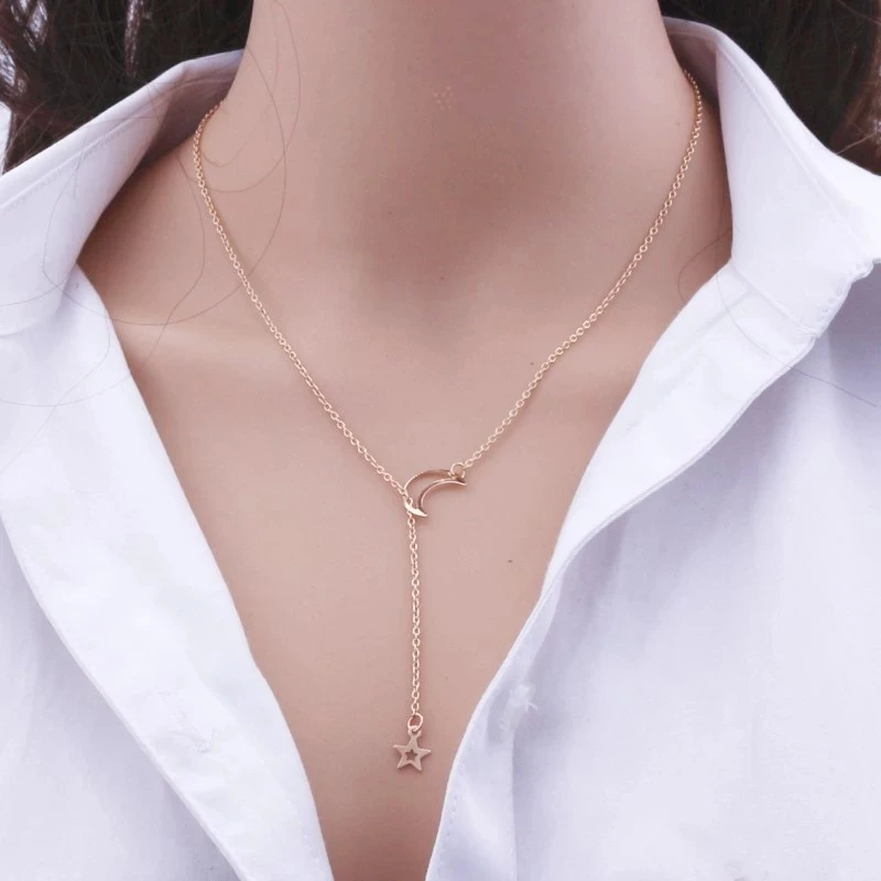 Einfache Mond Sterne Anhänger Choker Halskette Einfache Gold Farbe – Bild 6