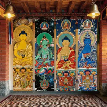 VIKAMA Tibetischer Buddha Vertikaler Wandteppich Gold Grün Rot Thangka Buddhistisches Porträt Wandbehang Hohe