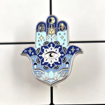 Hamsa Hand der Fatima Emaille-Anstecknadeln für Frauen, Böser Blick Mandala Broschen, Mystische Mond-Sonne
