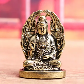 Antike Messing-Statue der sitzenden Guanyin-Bodhisattva, Drachen-Halo Kwan-yin-Figur auf runder Sockel