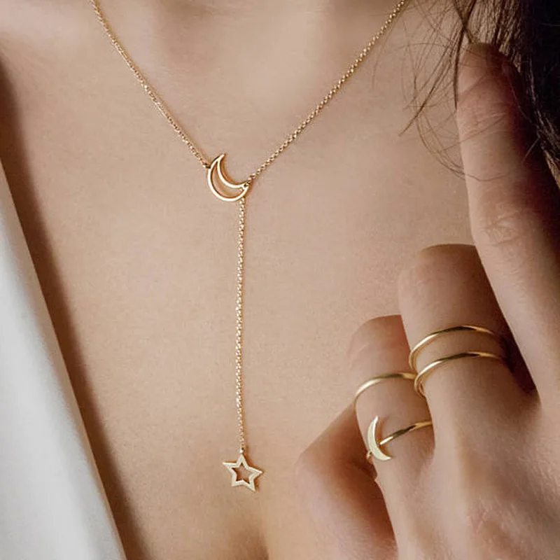 Einfache Mond Sterne Anhänger Choker Halskette Einfache Gold Farbe – Bild 2