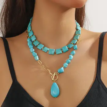 Verfügbare Halskette für Frauen, natürlicher Türkis-Perlenschmuck, doppelter Tropfen-Anhänger, Türkis