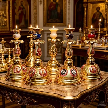 Orthodoxer Altar-Kerzenhalter aus Goldmetall, verziert im byzantinischen Stil, mit religiösen Ikonen