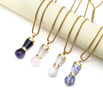 Reiki Kristall Anhänger Halskette Naturstein rosa Quarz Amethyst Charms Gold Edelstahl Kette Hals reifen