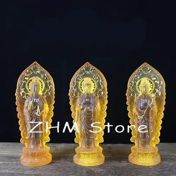 18 cm gelbe Kunstharz-Farbe, 3 geschätzener Buddha der Statue, Amitabha/Mahāsth Pesap Vigopta/Guanyin