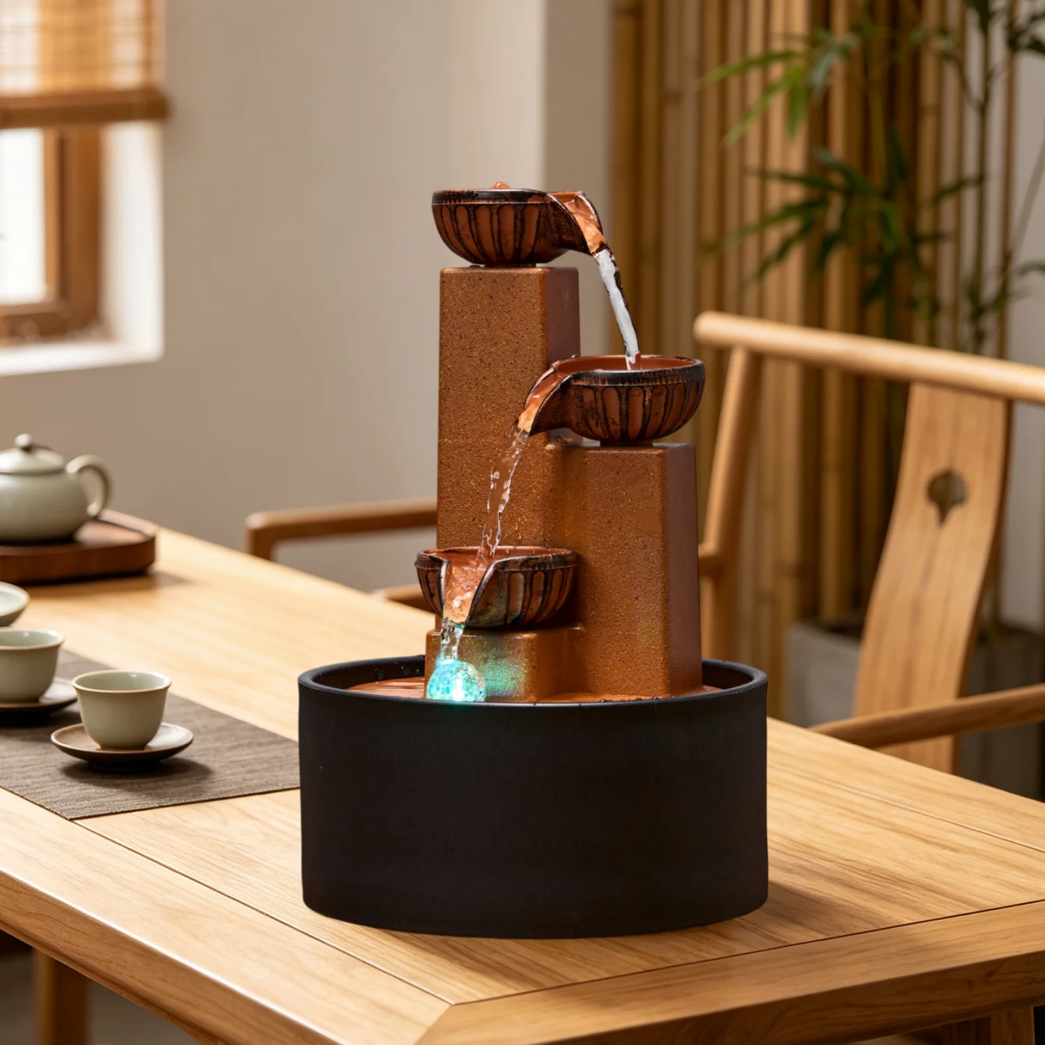 Zen-inspirierter Tisch-Wasserbrunnen mit automatischer Zirkulation, farbwechselnden Lichtern, Luftbefeuchter