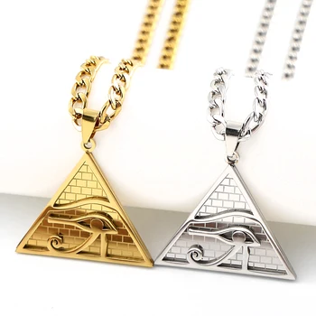 Ägyptische Pyramide Auge des Horus Anhänger Halskette für Damen und Herren Edelstahl Goldfarben Altägyptisches