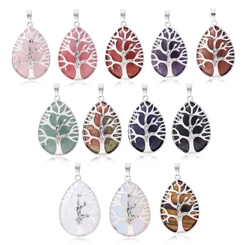7-Chakra-Stein-Baum des Lebens-Anhänger, natürlicher Wassertropfen, Halsketten, Rosenkristall, rosa Quarz
