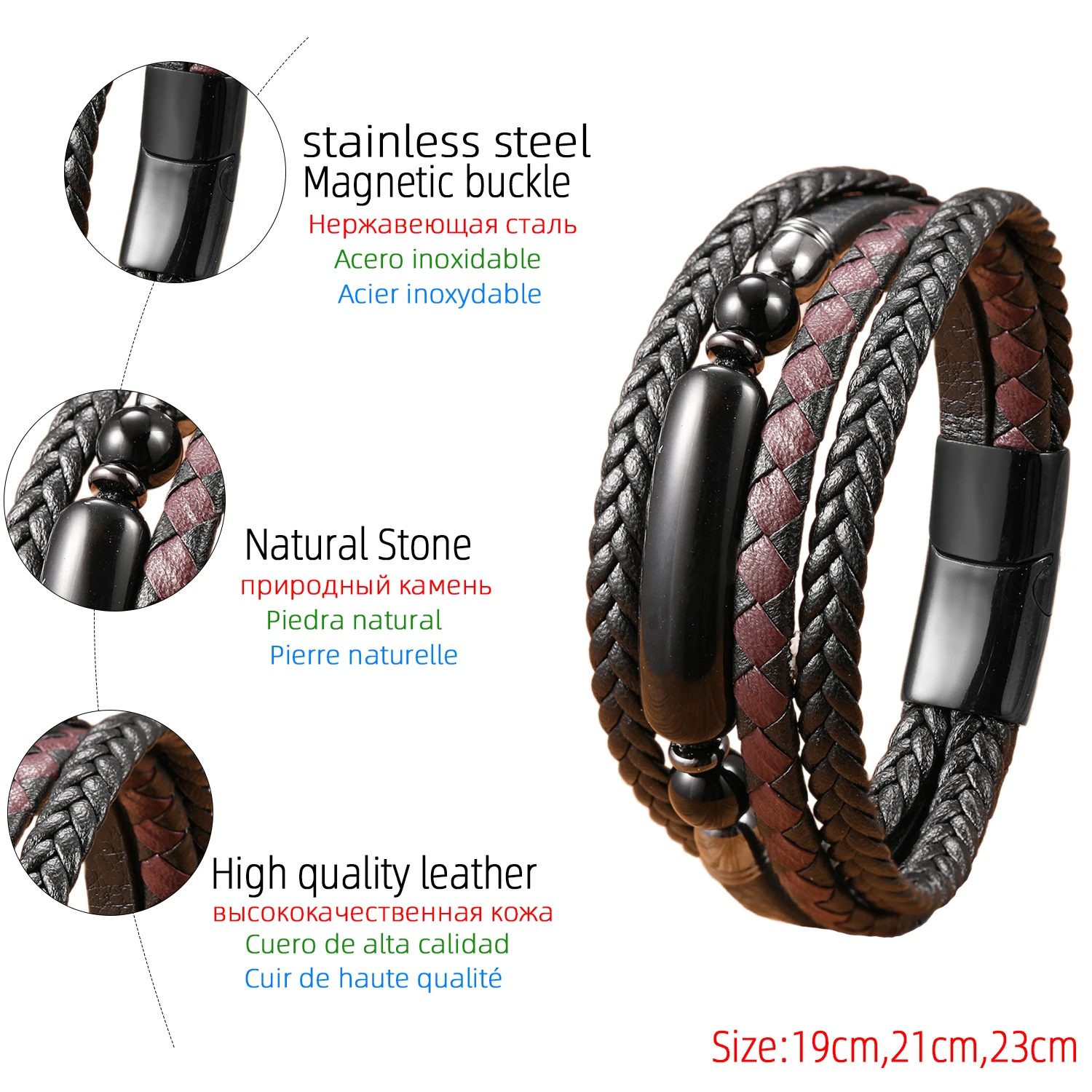 Natursteinperlen, mehrschichtiges geflochtenes Lederarmband – Bild 6