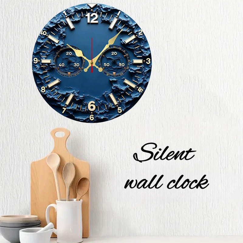 Blaue Mondphasen-Design-Wanduhr aus Holz, rund, geräuschlos – Bild 3