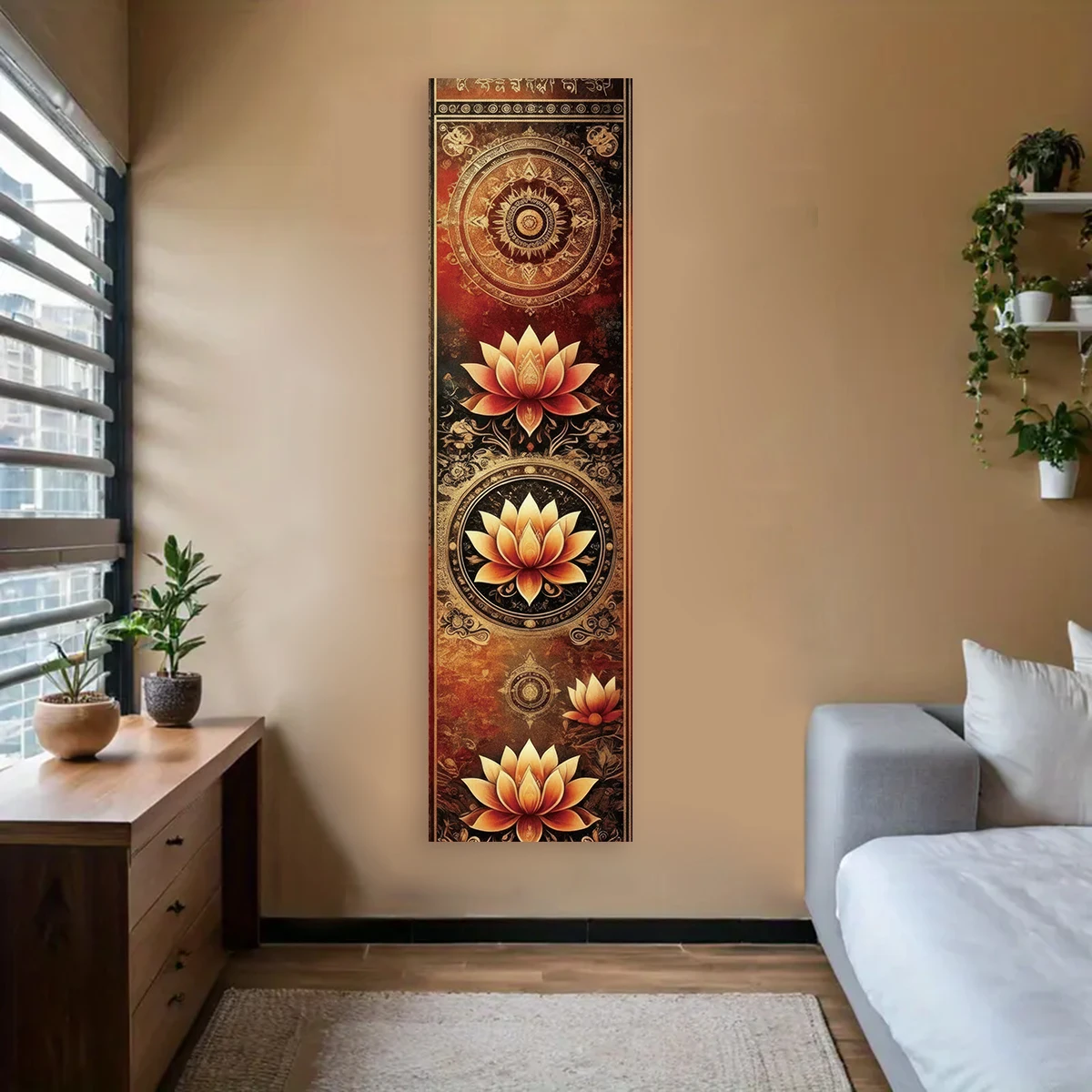 Goldener Lotus und Buddha, Mandala, vertikaler Wandteppich, lebendiges Polyester, ästhetischer
