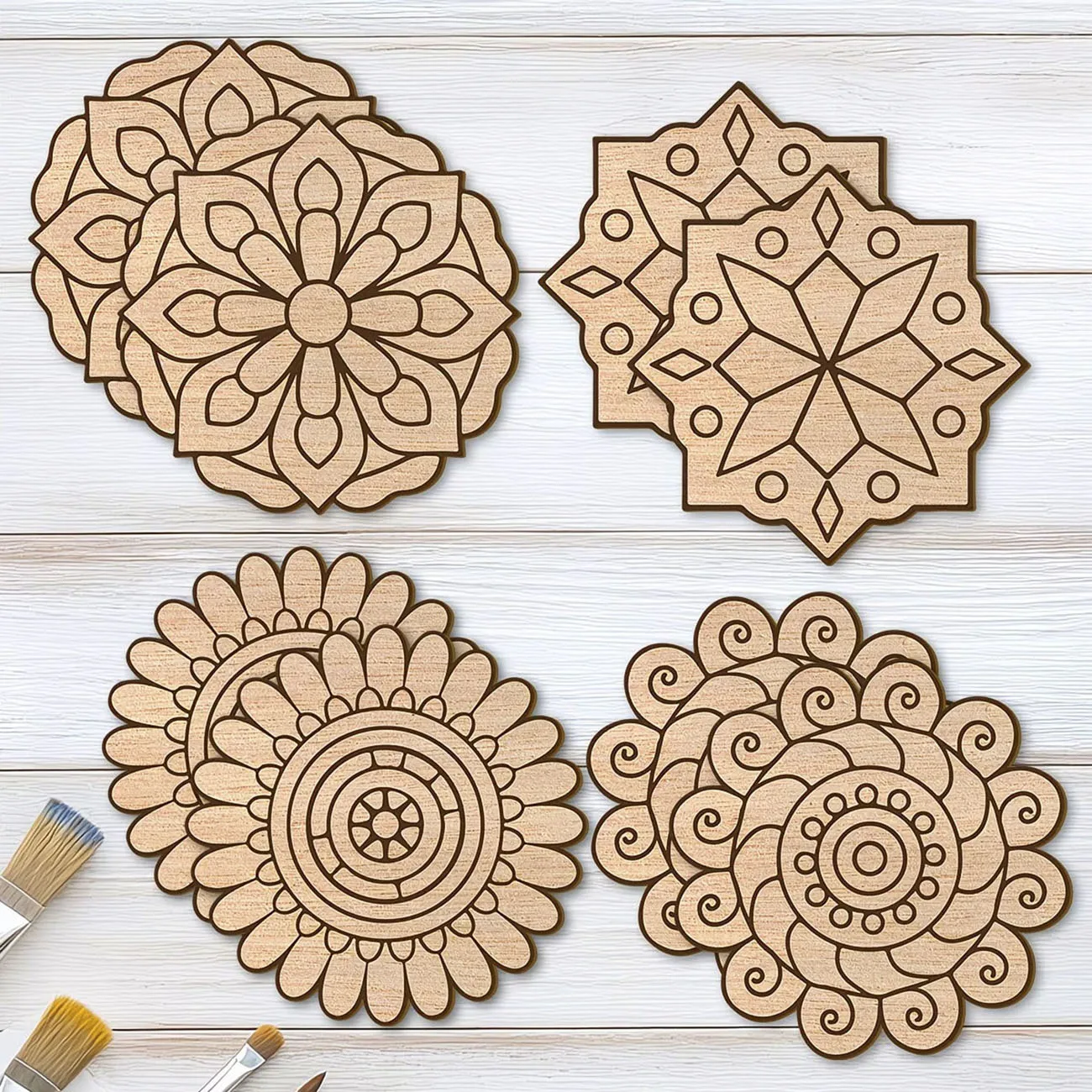 Mandala-Blumen Holz-Wanddekor-Set, Unbehandelte Holz-Wandkunst für Heimdekoration (8 Stück)