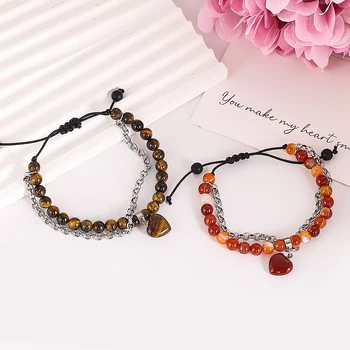 Natürliches Tigerauge-Armband mit rotem Achat-Liebesanhänger für Frauen, Edelsteinperlen, handgestrickte