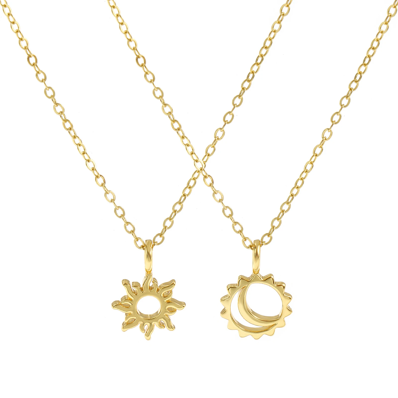 Sonne Mond Anhänger Charm Halskette Messing 18K vergoldet Gliederkabel Kette 46cm(18,1") + 6cm(2,4")