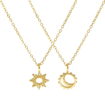 Sonne Mond Anhänger Charm Halskette Messing 18K vergoldet Gliederkabel Kette 46cm(18,1") + 6cm(2,4")