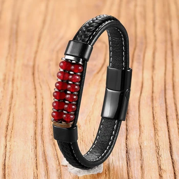 Chakra-Armband mit aus dengelenden Steinperlen - Edelstahl und geflochtenes Leder, Reiki-Geschenk