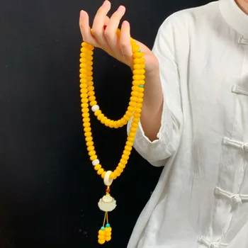 108 Perlen Gelbes Bodhi-Armband Pulloverkette mit Laufring-Halskette für Männer und Frauen Buddhistische
