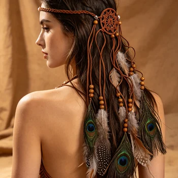 Boho-Traumfänger-Pfauenfeder-Haarband für Damen, Holzperlen-Quasten-Feder-Haarband