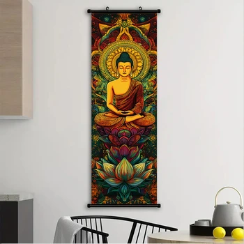 VIKAMA Buddha-Statue Lotus-Schriftrollen-Wandteppich, farbenfrohes Mandala, Meditation, Zen, schmaler
