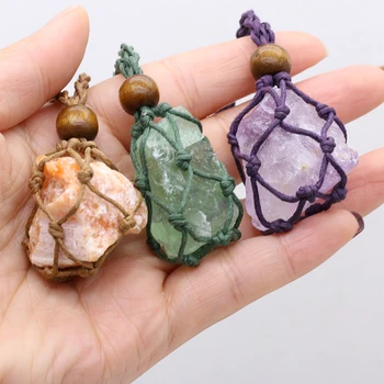 Fluorit Natural Mineral Braid Net Tasche Anhänger Seil Halskette Reiki Stein Raw Kristall Quarz Handwerk Weben