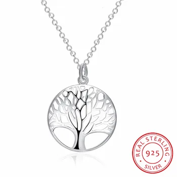 Baum des Lebens Kristall Rundanhänger Halskette aus 925 Sterling Silber, Eleganter Damenschmuck als Geschenk
